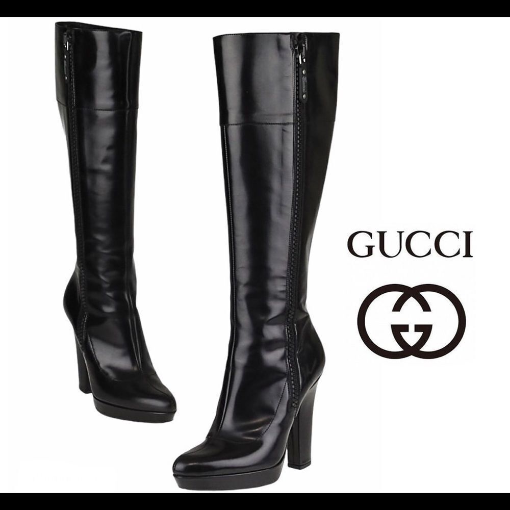 GUCCI Black Glossy Leather Knee High Platform Boot Sz 10B